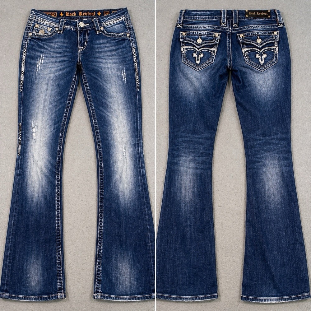 ROCK REVIVAL JEANS WOMENS 28/32 Celine Easy Boot Studs Flap THICK‎ STITCH